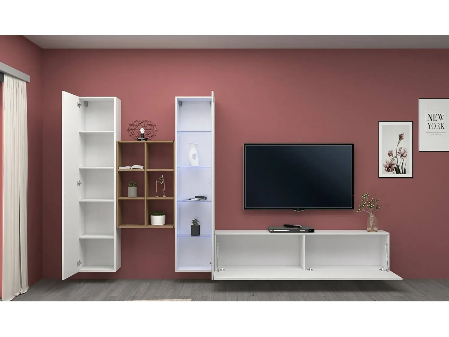 Dmora Parete attrezzata Eugenio, Set salotto porta TV a 3 ante, Mobile soggiorno multiuso con vetrina e luce LED, 100% Made in Italy, cm 320x30h180, Bianco lucido^ Móvel De Tv