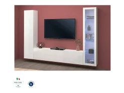 Discount Dmora Parete attrezzata Girolamo, Set salotto porta TV a 3 ante, Mobile soggiorno multiuso con vetrina e luce LED, 100% Made in Italy, cm 260x30h180, Bianco lucido Branco