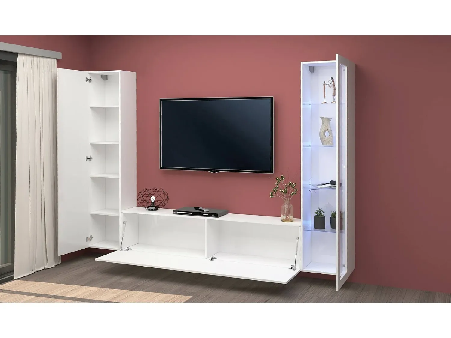 Discount Dmora Parete attrezzata Girolamo, Set salotto porta TV a 3 ante, Mobile soggiorno multiuso con vetrina e luce LED, 100% Made in Italy, cm 260x30h180, Bianco lucido Branco