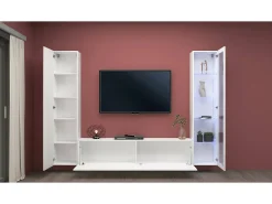 Discount Dmora Parete attrezzata Girolamo, Set salotto porta TV a 3 ante, Mobile soggiorno multiuso con vetrina e luce LED, 100% Made in Italy, cm 260x30h180, Bianco lucido Branco