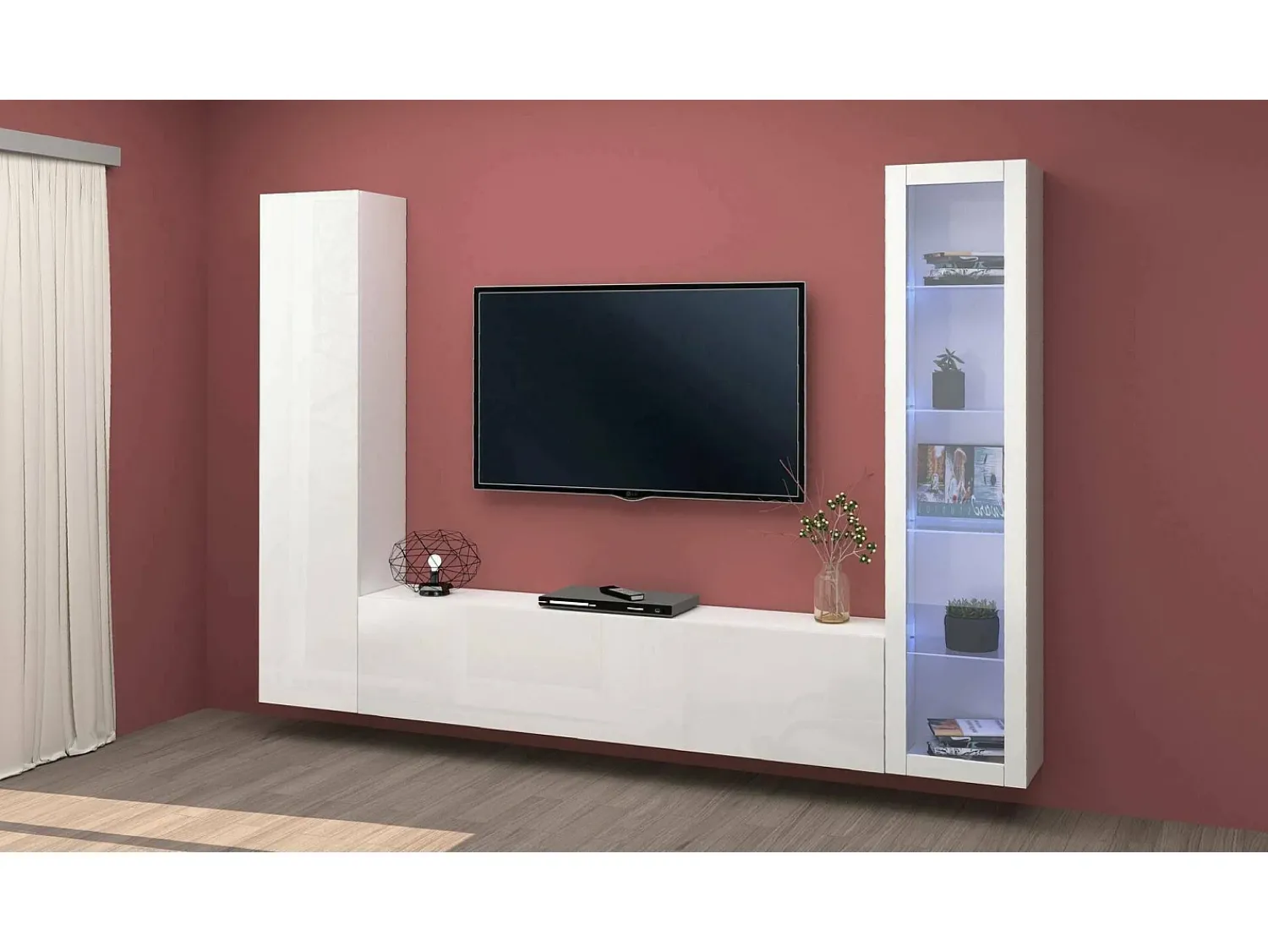 Discount Dmora Parete attrezzata Girolamo, Set salotto porta TV a 3 ante, Mobile soggiorno multiuso con vetrina e luce LED, 100% Made in Italy, cm 260x30h180, Bianco lucido Branco
