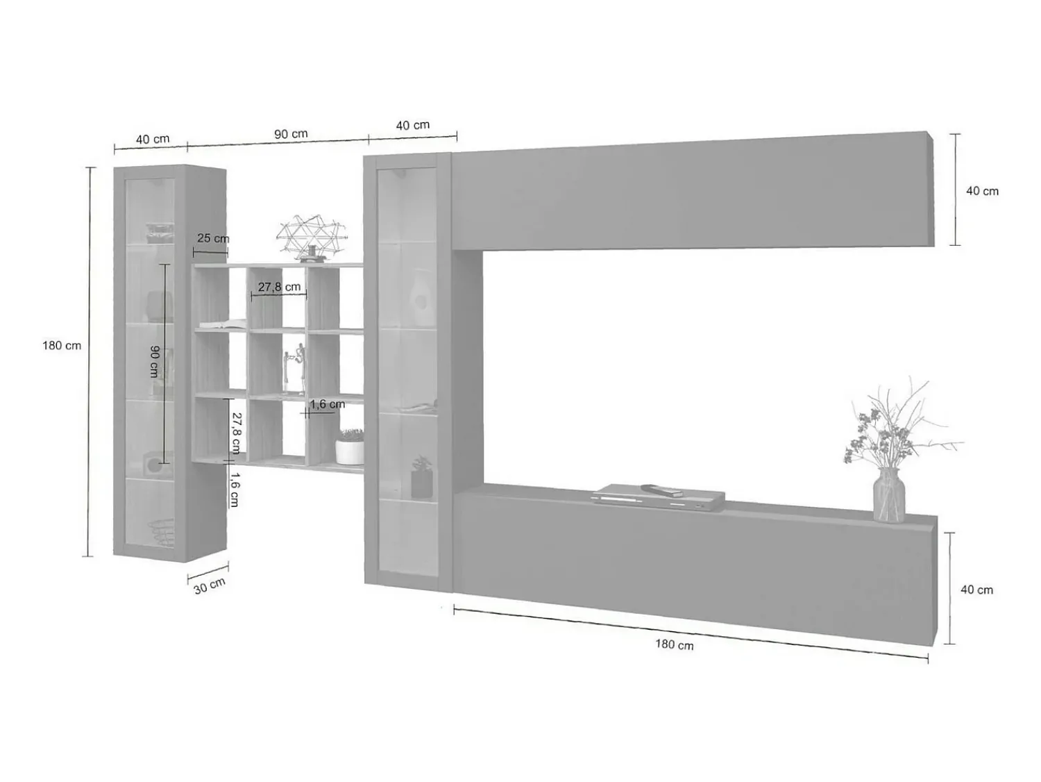 Dmora Parete attrezzata Gustavo, Set salotto porta TV a 4 ante, Mobile soggiorno multiuso con vetrina e luce LED, 100% Made in Italy, cm 350x30h180, Bianco lucido^ Móvel De Tv