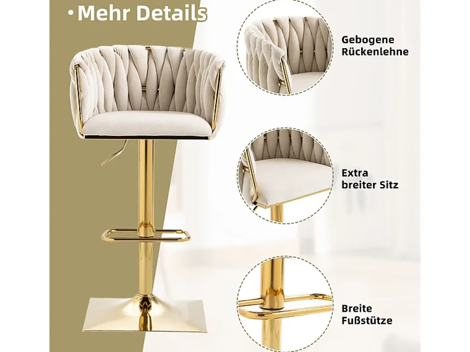 Discount DripeX 2Pcs Banquetas de bar em veludo - altura ajustável - giratório 360° - com descanso para pés - 53x51x87/105cm - Bege