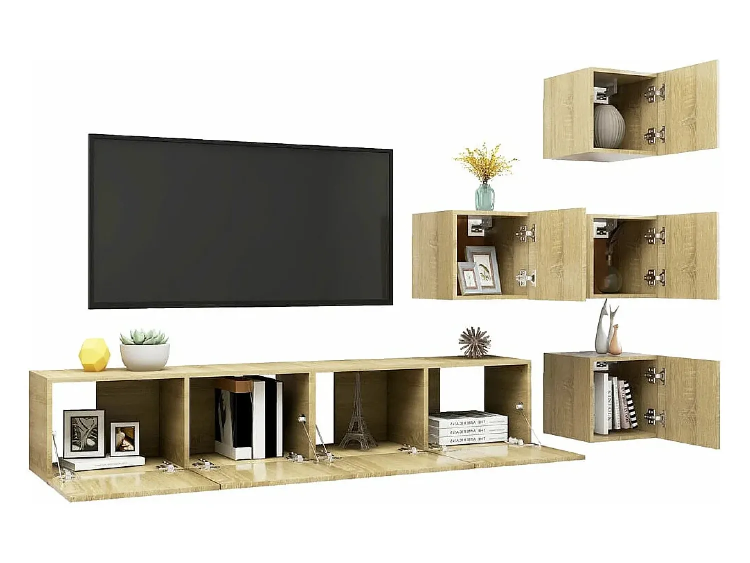 Móvel De Tv| 6pcs conjunto de móveis de TV derivados madeira carvalho sonoma PT834974 Castanho