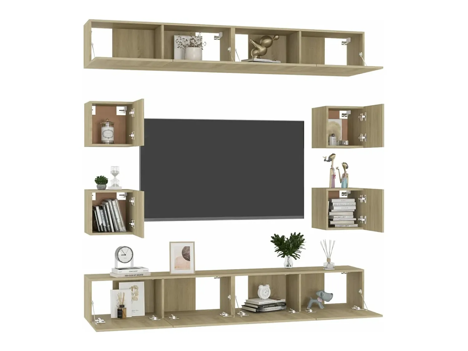 Móvel De Tv| 8pcs conjunto móveis de TV derivados de madeira carvalho sonoma PT835231 Castanho