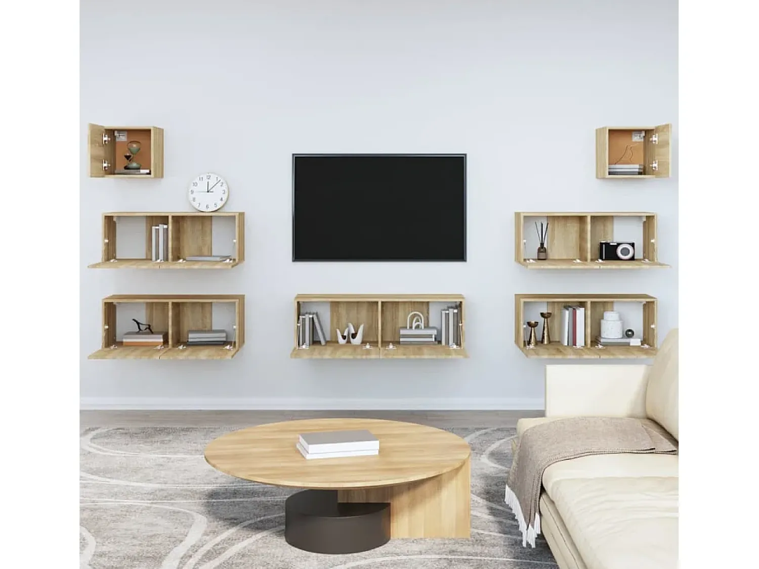 Móvel De Tv| 7pcs conjunto móveis de TV derivados de madeira carvalho sonoma PT343330 Castanho