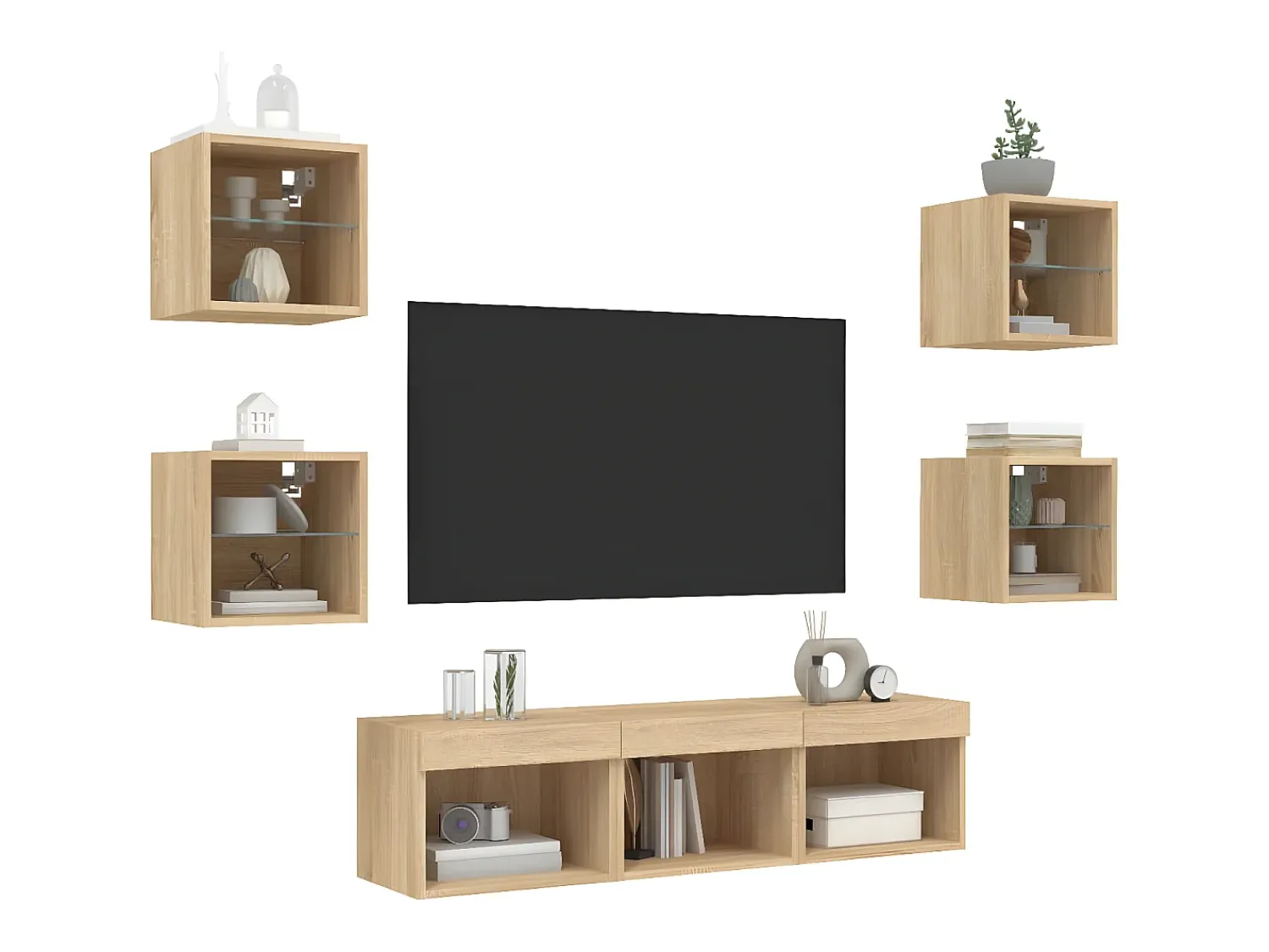 Móvel De Tv| 7pcs móveis parede p/ TV c/ LEDs deriv. madeira carvalho sonoma PT223667 Castanho