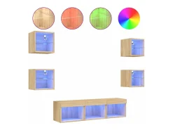 Móvel De Tv| 7pcs móveis parede p/ TV c/ LEDs deriv. madeira carvalho sonoma PT223667 Castanho