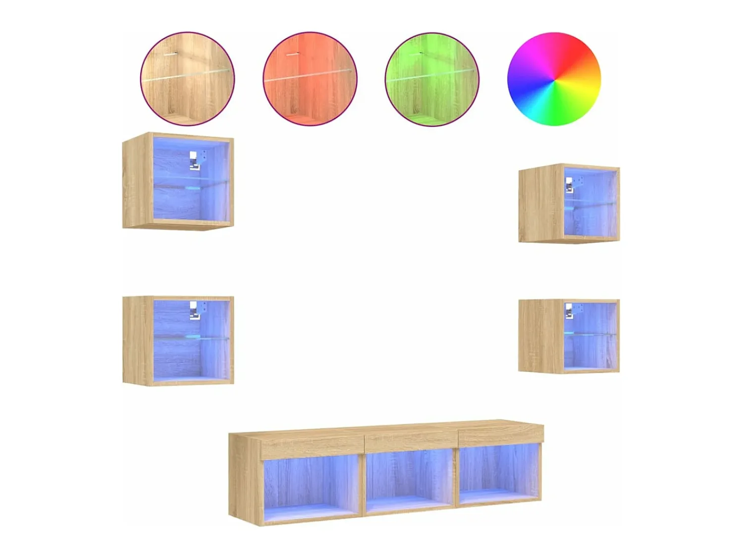 Móvel De Tv| 7pcs móveis parede p/ TV c/ LEDs deriv. madeira carvalho sonoma PT223667 Castanho