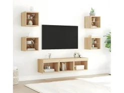Móvel De Tv| 7pcs móveis parede p/ TV c/ LEDs deriv. madeira carvalho sonoma PT223667 Castanho