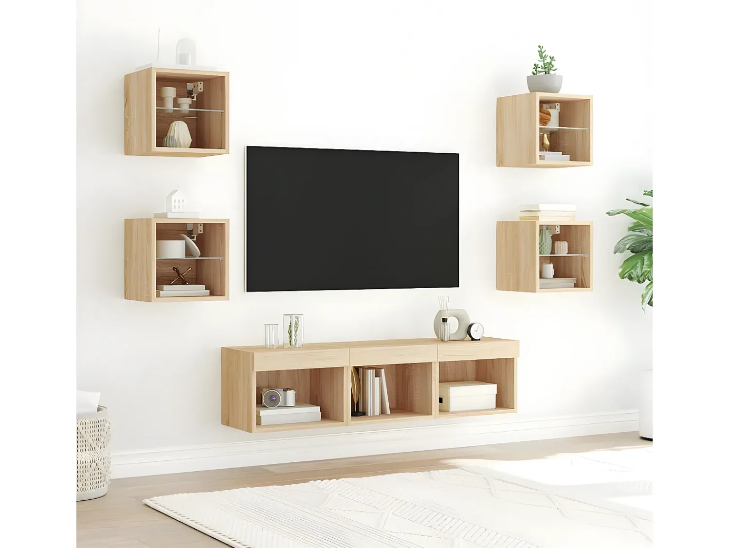 Móvel De Tv| 7pcs móveis parede p/ TV c/ LEDs deriv. madeira carvalho sonoma PT223667 Castanho