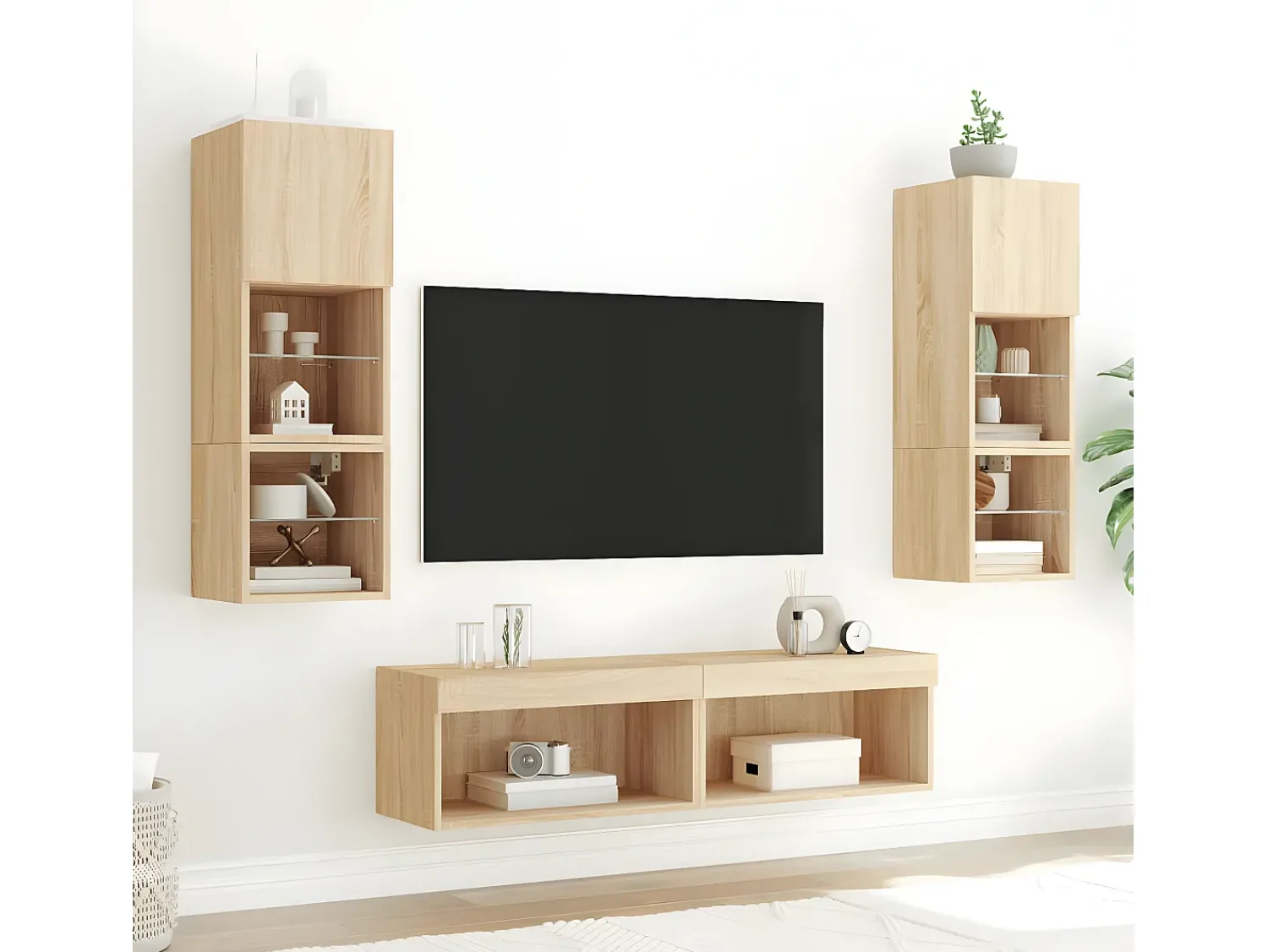 Outlet 6pcs móveis parede p/ TV c/ LEDs deriv. madeira carvalho sonoma PT955586 Castanho
