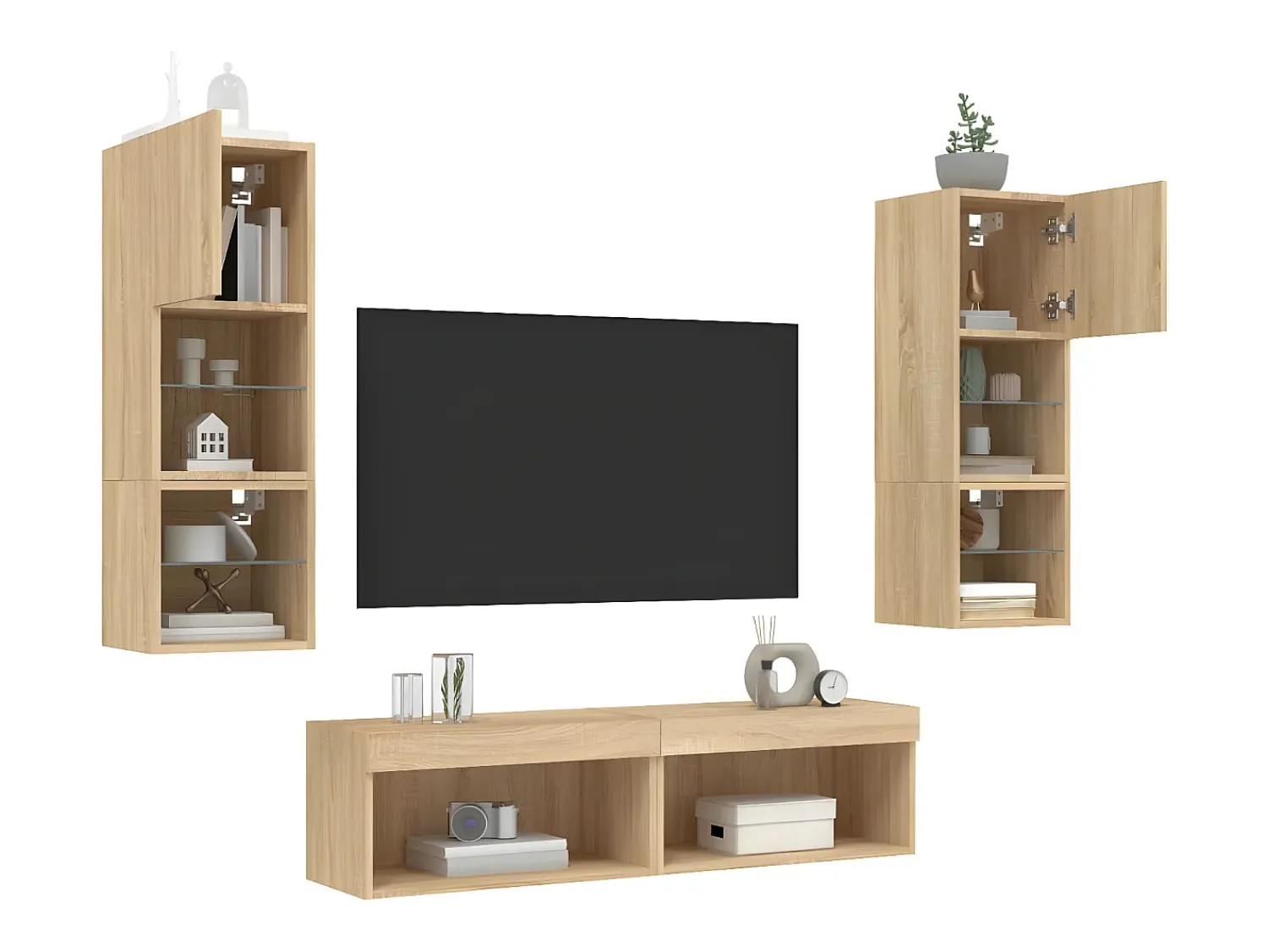 Outlet 6pcs móveis parede p/ TV c/ LEDs deriv. madeira carvalho sonoma PT955586 Castanho