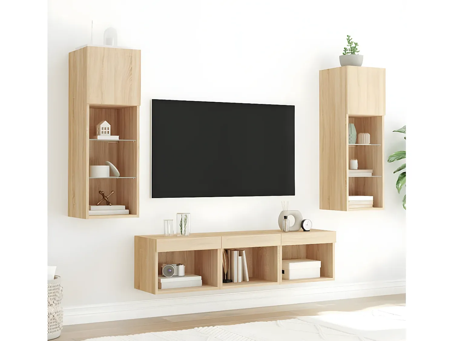 Móvel De Tv| 5pcs móveis parede p/ TV c/ LEDs deriv. madeira carvalho sonoma PT651318 Castanho