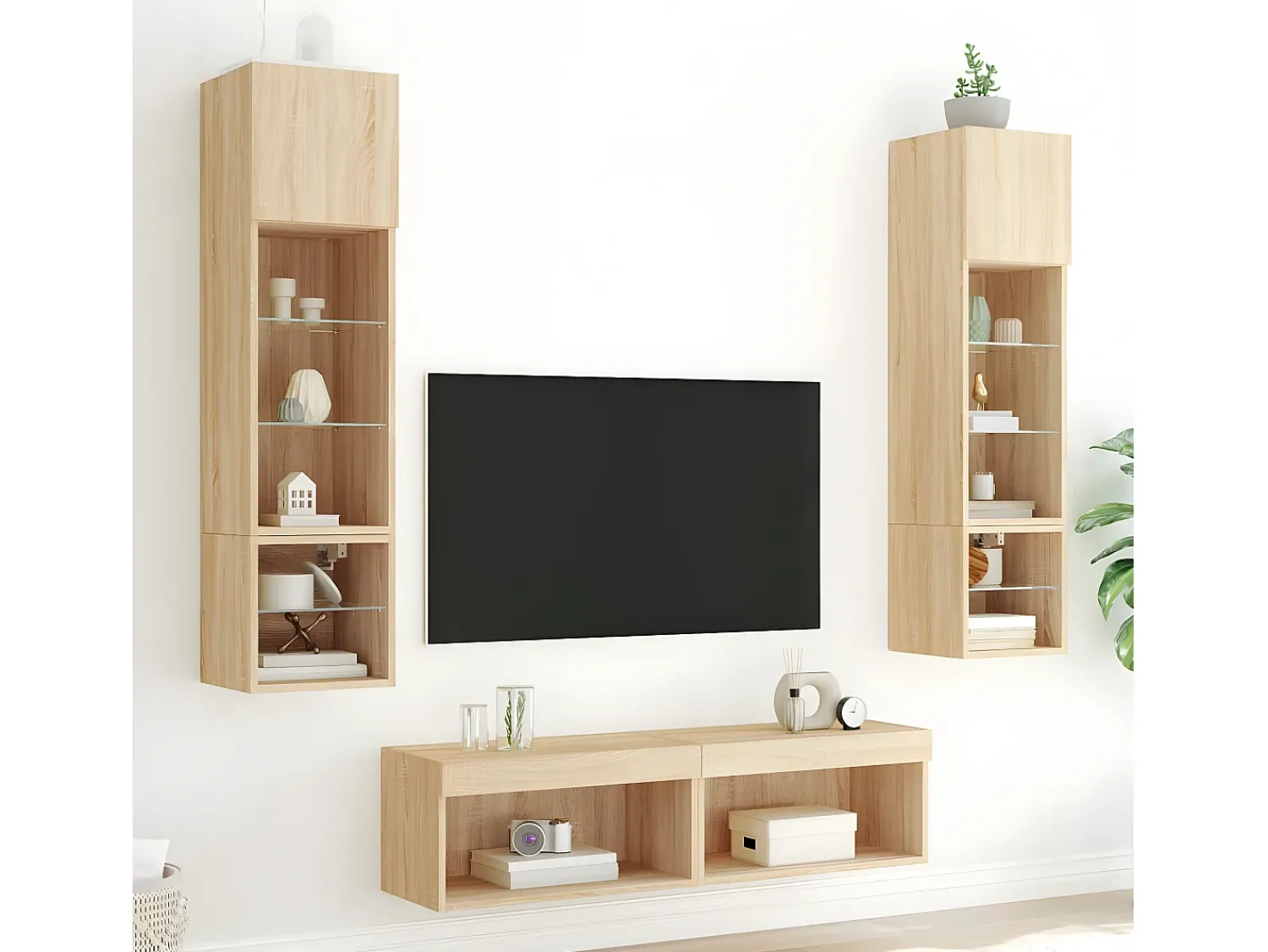 Móvel De Tv| 6pcs móveis parede p/ TV c/ LEDs deriv. madeira carvalho sonoma PT996759 Castanho