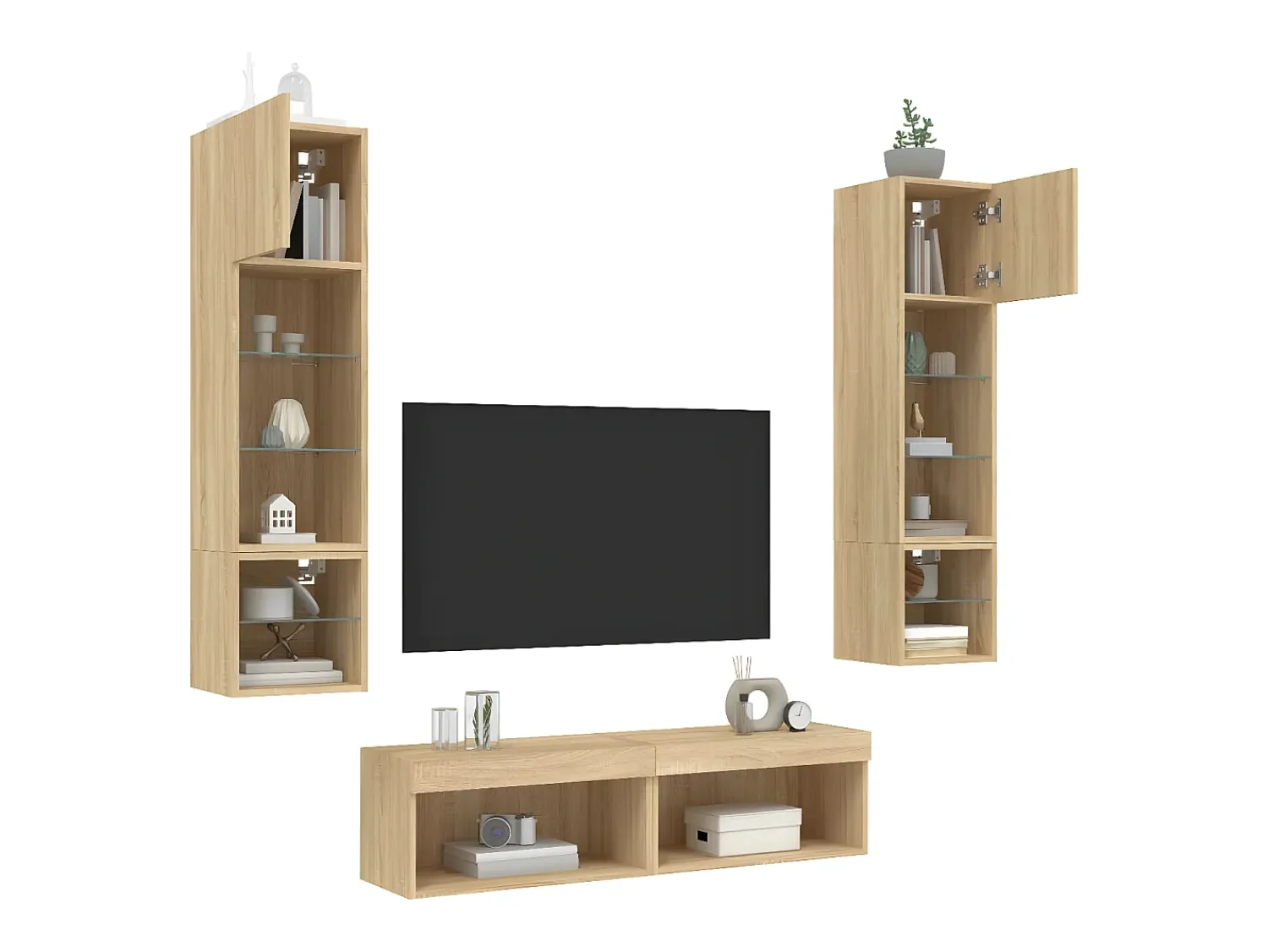Móvel De Tv| 6pcs móveis parede p/ TV c/ LEDs deriv. madeira carvalho sonoma PT996759 Castanho