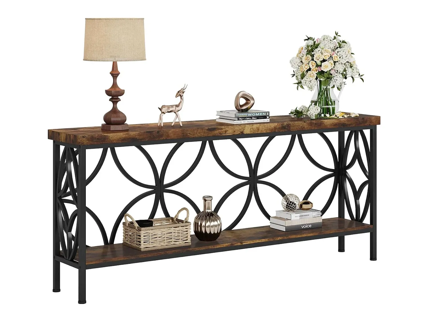 Consola*Tribesigns Pequena mesa para sofá de 160 cm - Mesa para sofá industrial longa para atrás do sofá Castanho