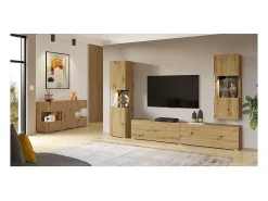 Sale Meublorama Pequena vitrine suspensa com 1 porta parcialmente envidraçada da coleção EVA. Cor carvalho e preto. Castanho