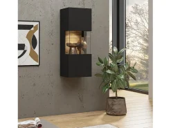 Discount Meublorama Pequena vitrine suspensa com 1 porta parcialmente envidraçada da coleção EVA. Cor preta e carvalho. Preto