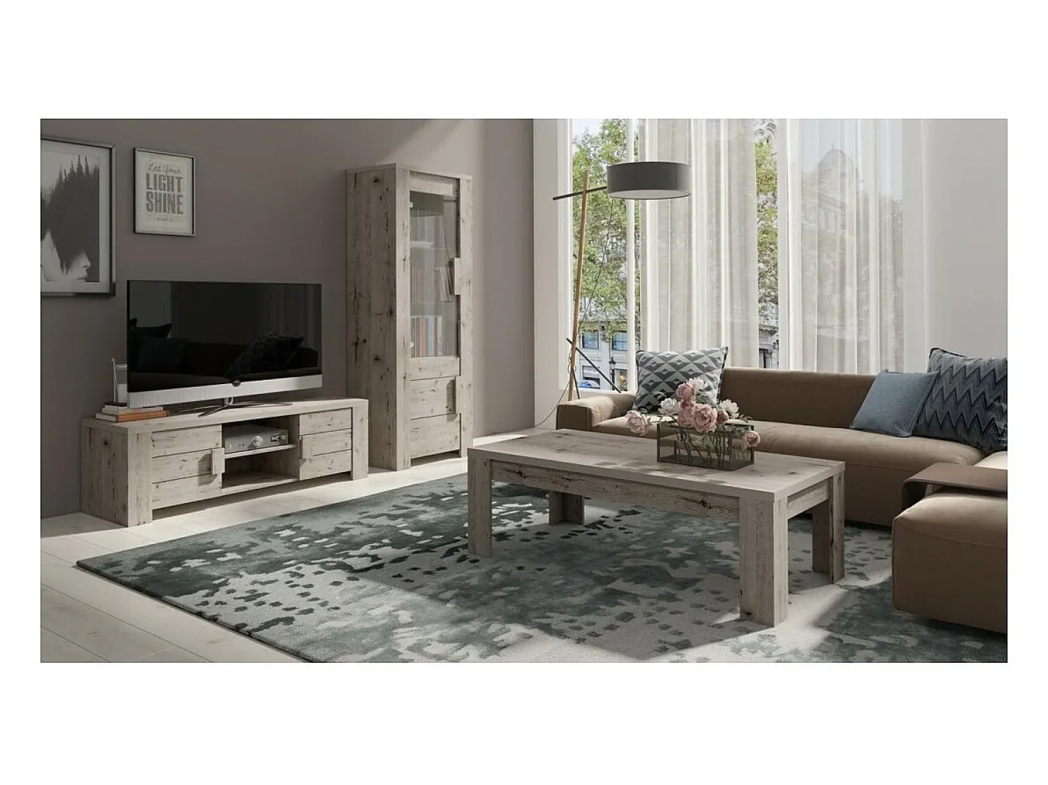 Meublorama Petite vitrine LYON 2 portes - chêne wellington - 72 x 195 x 47 cm^ Vitrina