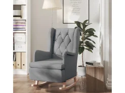 Poltrona | Cadeira Relax com pés baloiço seringueira maciça tecido cinza-claro SHL513348^ Poltrona