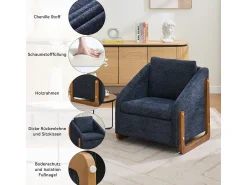 Hot Poltrona 057, poltrona de chenille com apoios de braço de madeira, 73,5 x 73,5 x 73,5 cm Azul