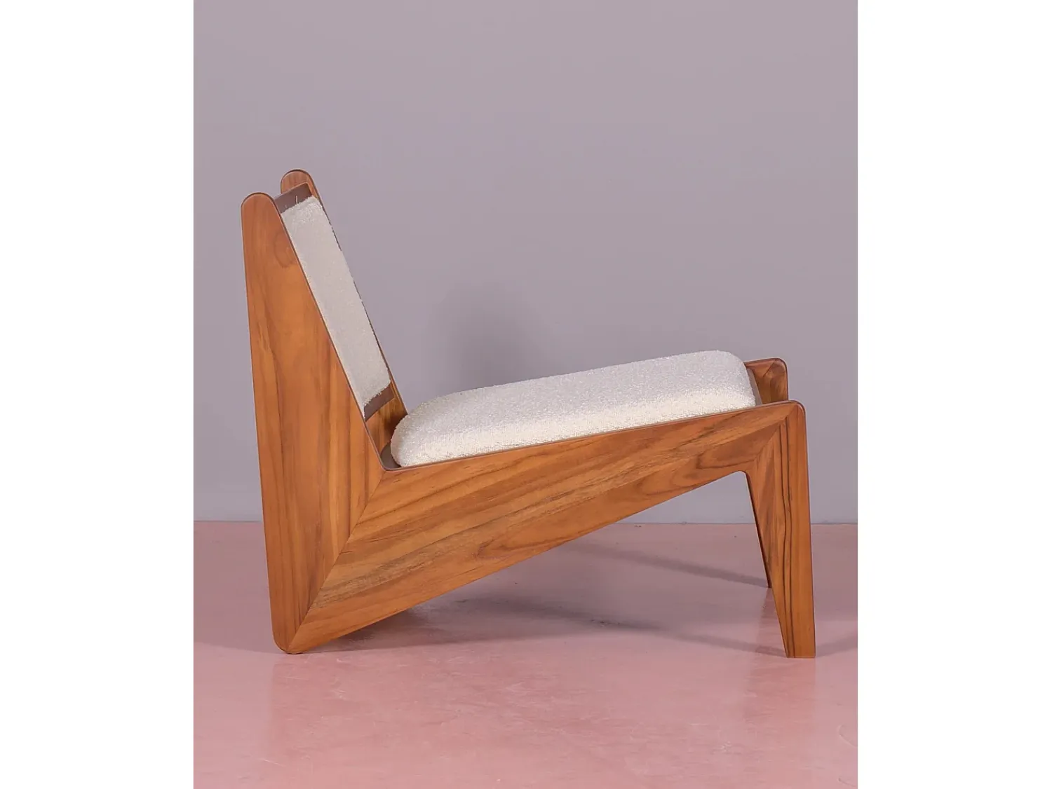 Discount Nest Dream Poltrona baixa em madeira teca e estofada em tecido bouclé - Compass - Branco