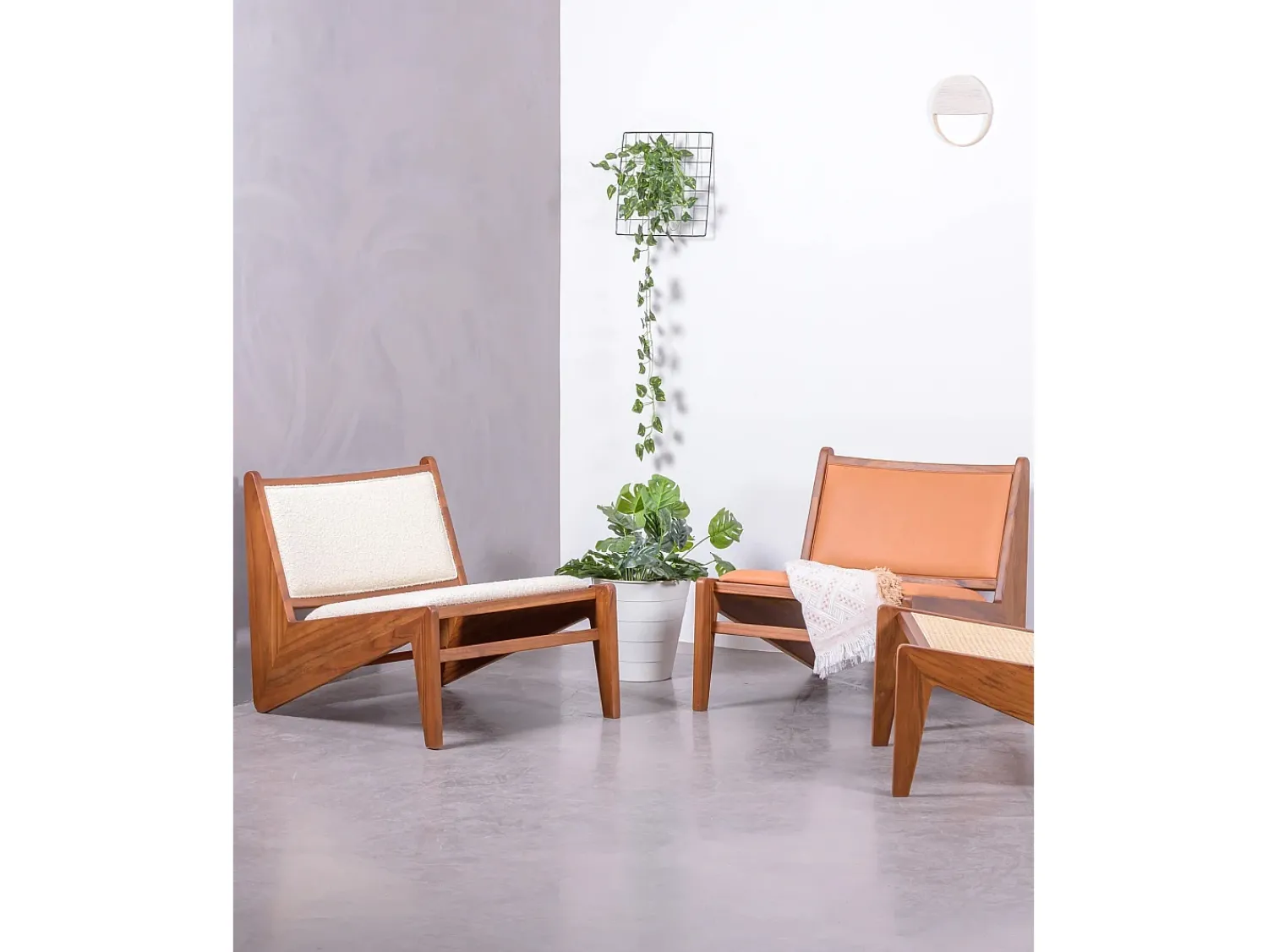 Discount Nest Dream Poltrona baixa em madeira teca e estofada em tecido bouclé - Compass - Branco