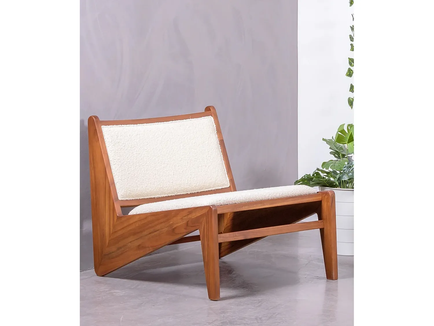 Discount Nest Dream Poltrona baixa em madeira teca e estofada em tecido bouclé - Compass - Branco