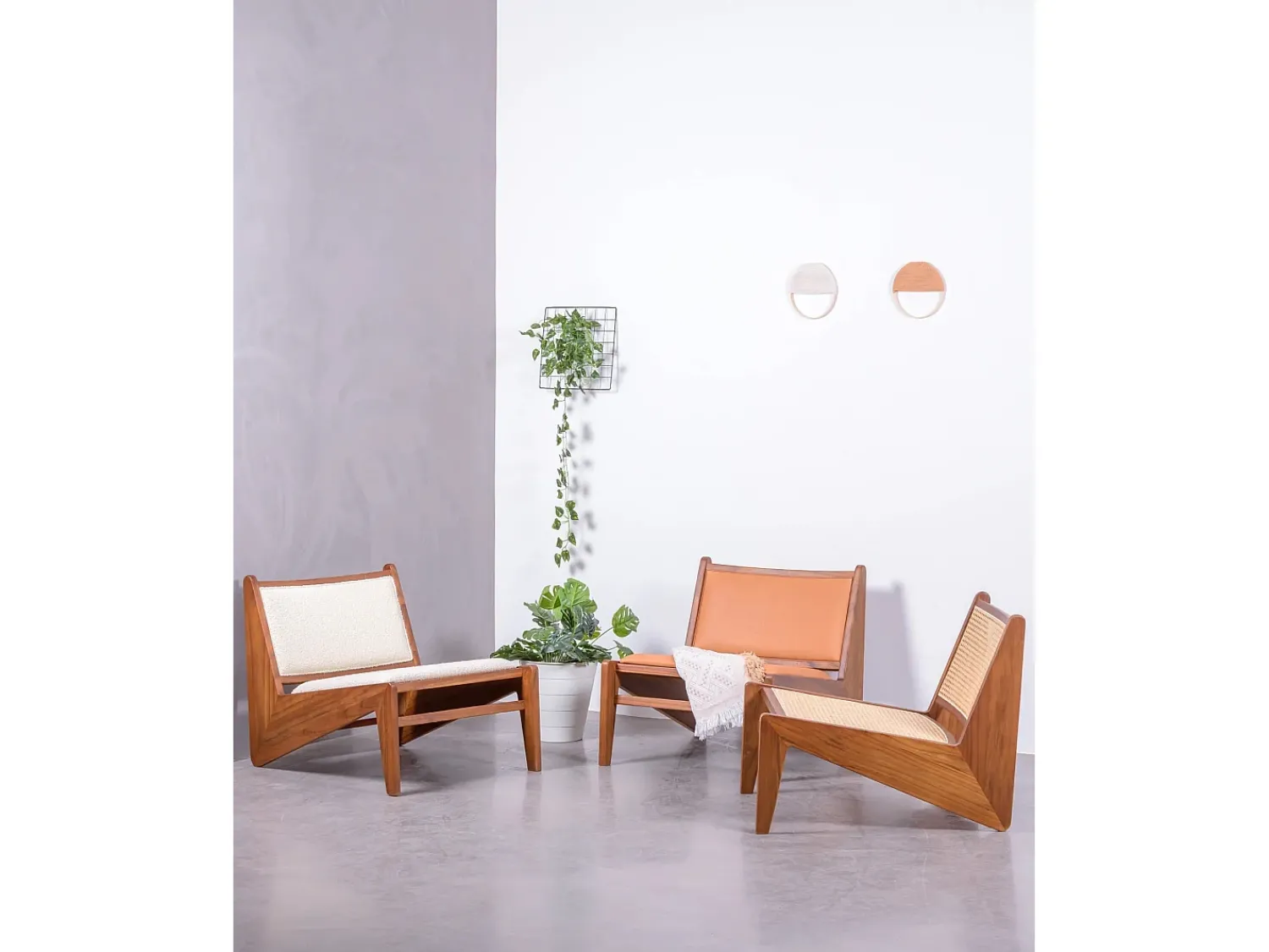 Discount Nest Dream Poltrona baixa em madeira teca e estofada em tecido bouclé - Compass - Branco