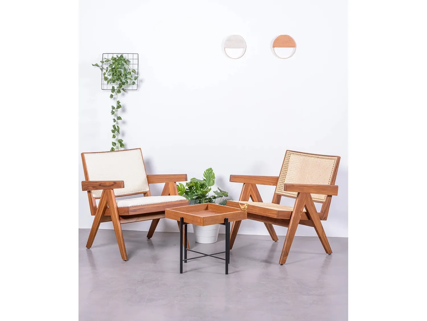 Nest Dream Poltrona clássica com braços em madeira teca e tecido bouclé - Compass -^ Poltrona
