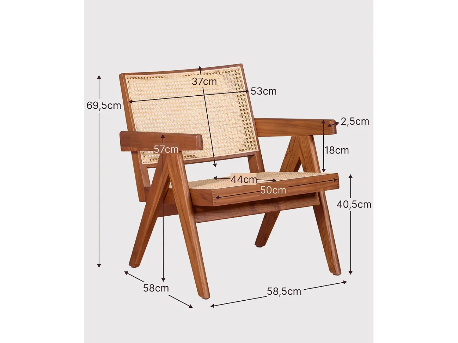 Nest Dream Poltrona clássica com braços em madeira de teca e rattan natural - Compass - Teca^ Poltrona