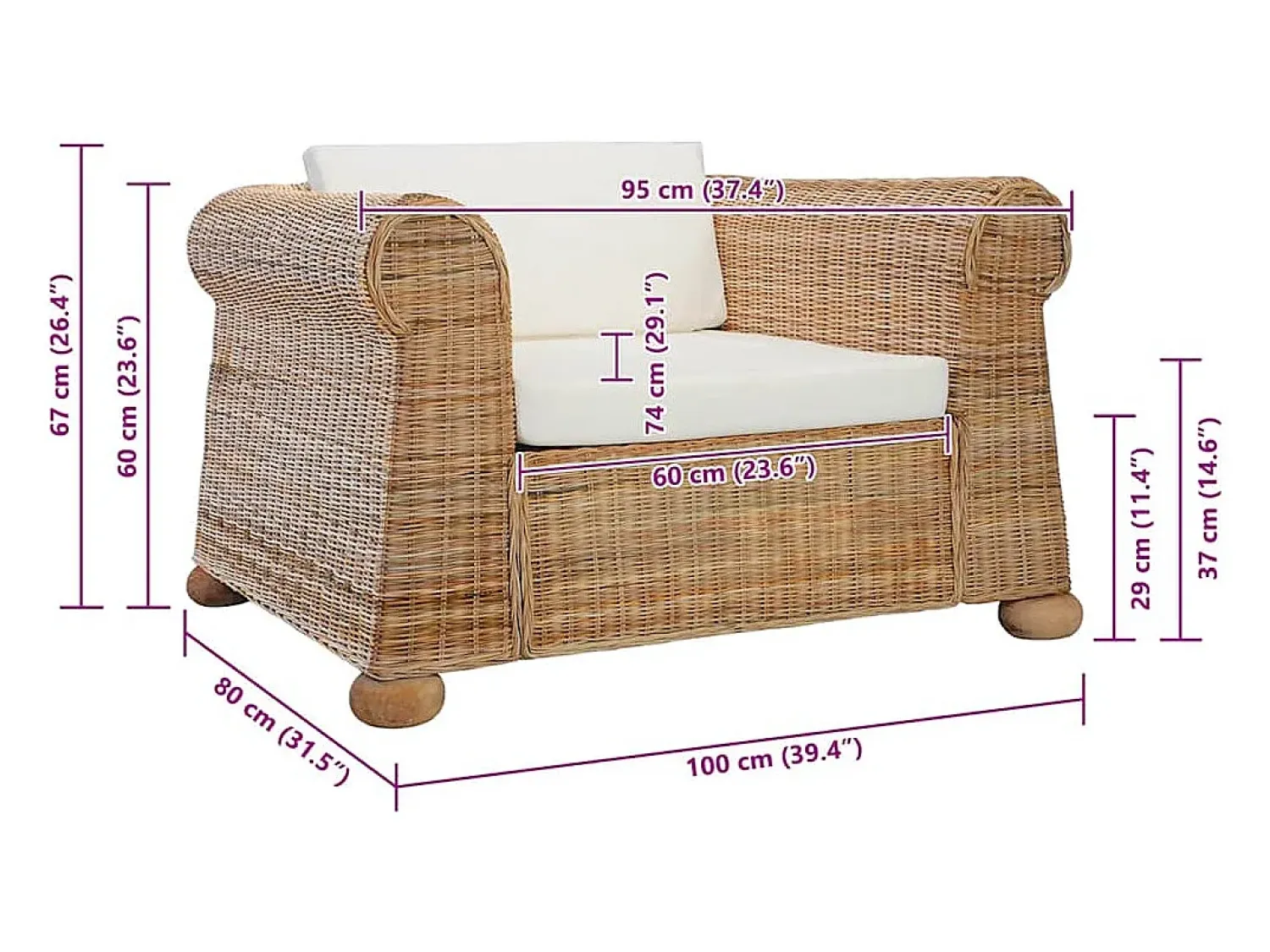 Hot vidaxl Poltrona com almofadões em vime natural Castanho