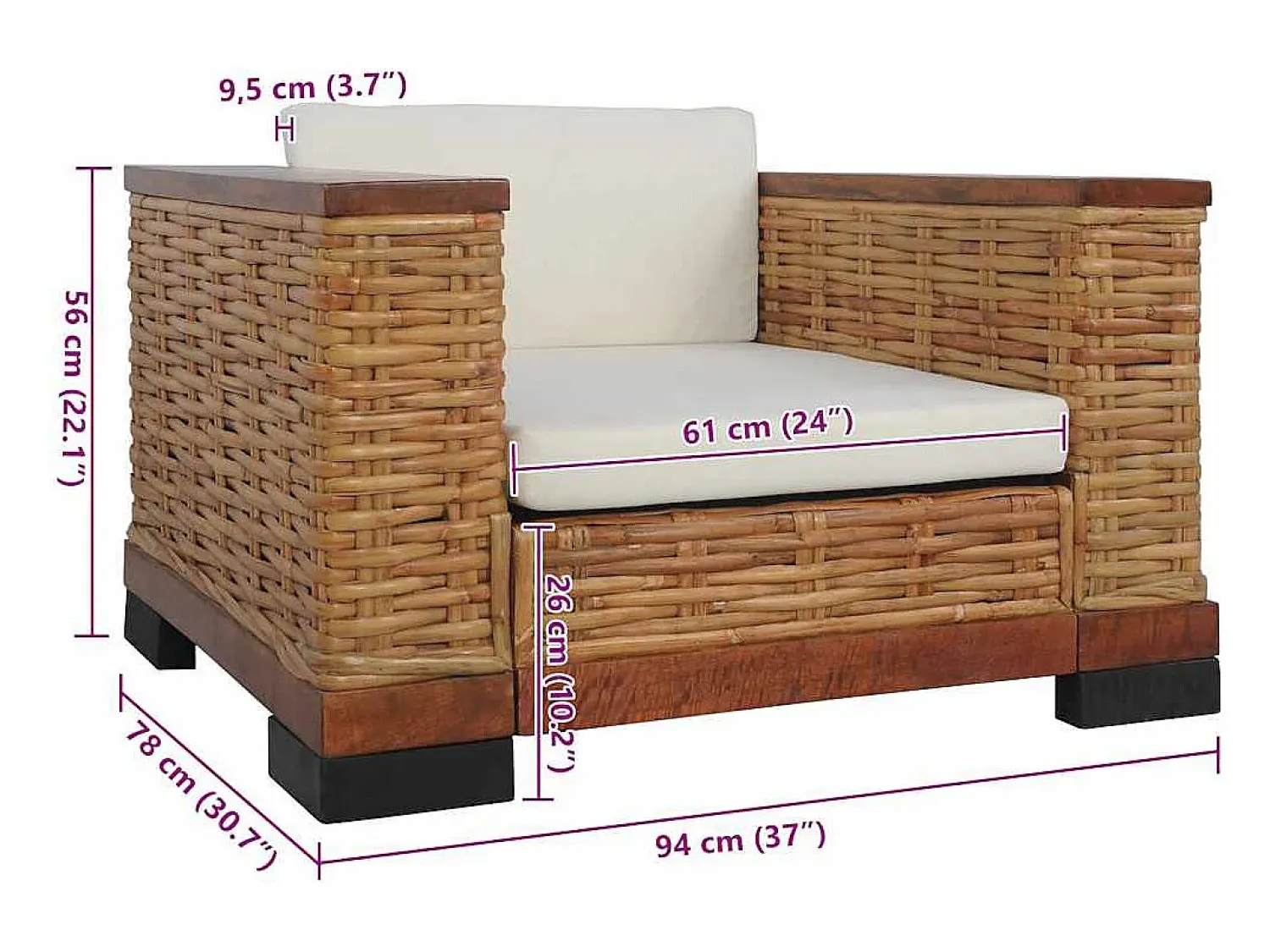Poltrona|vidaxl Poltrona com almofadões em vime natural Castanho