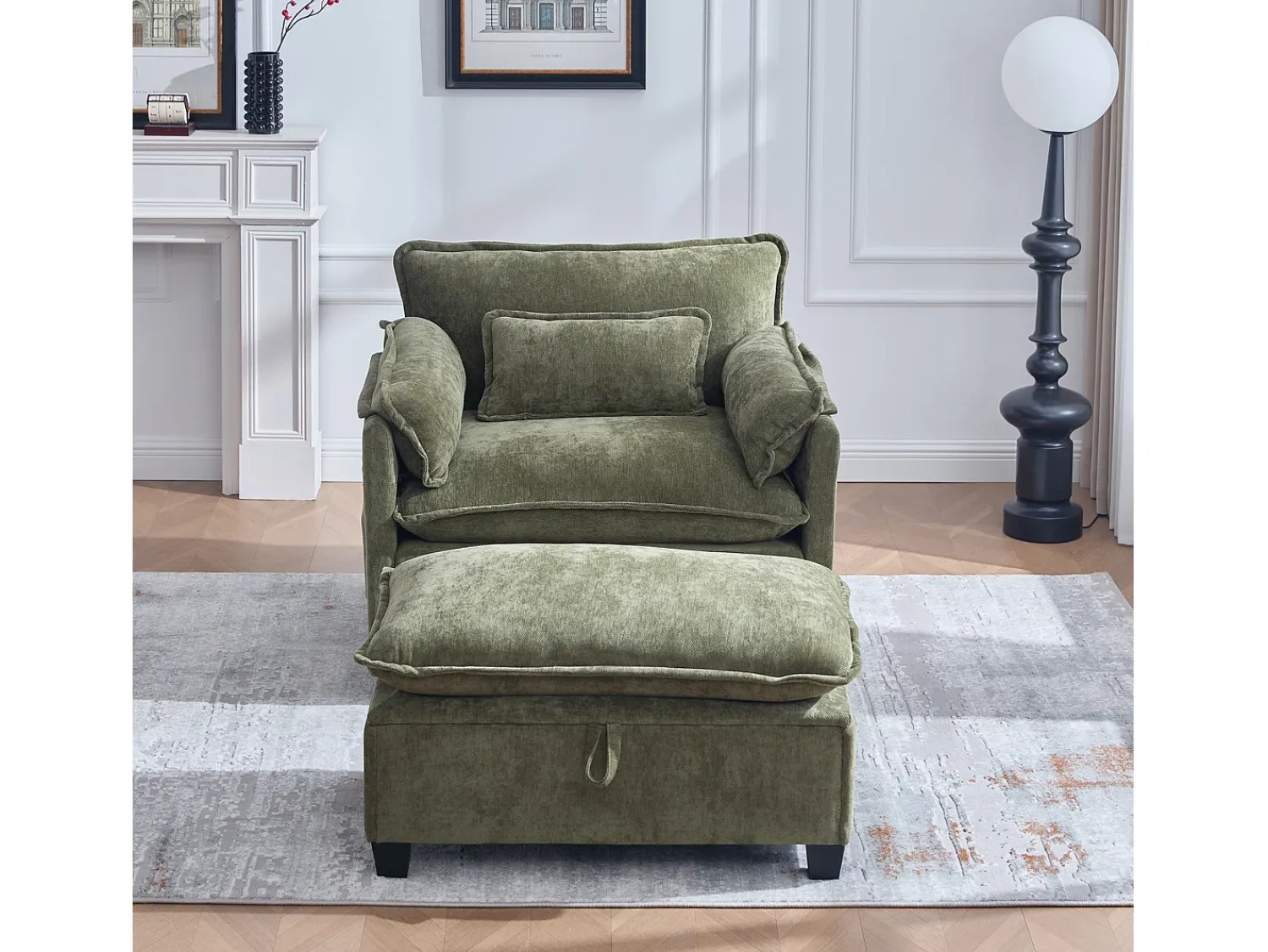 Poltrona|Hauss Spole Poltrona com apoio para os pés e almofada com espaço de arrumação - Tecido chenille - azeitona Verde