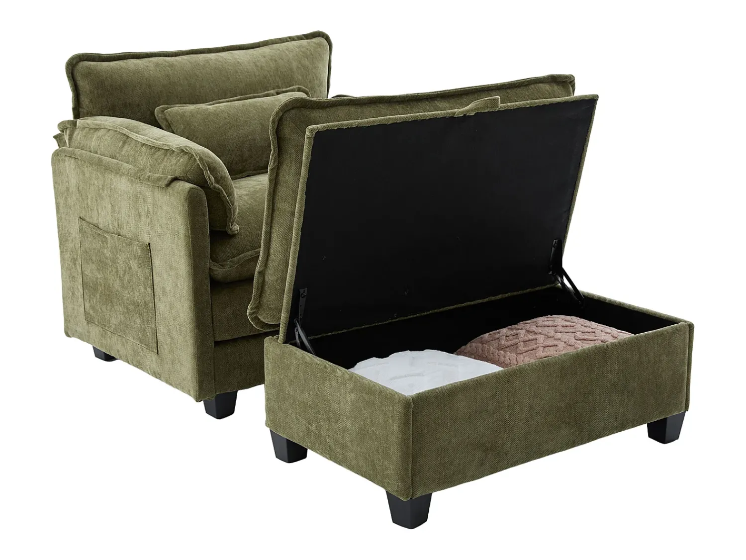 Poltrona|Hauss Spole Poltrona com apoio para os pés e almofada com espaço de arrumação - Tecido chenille - azeitona Verde