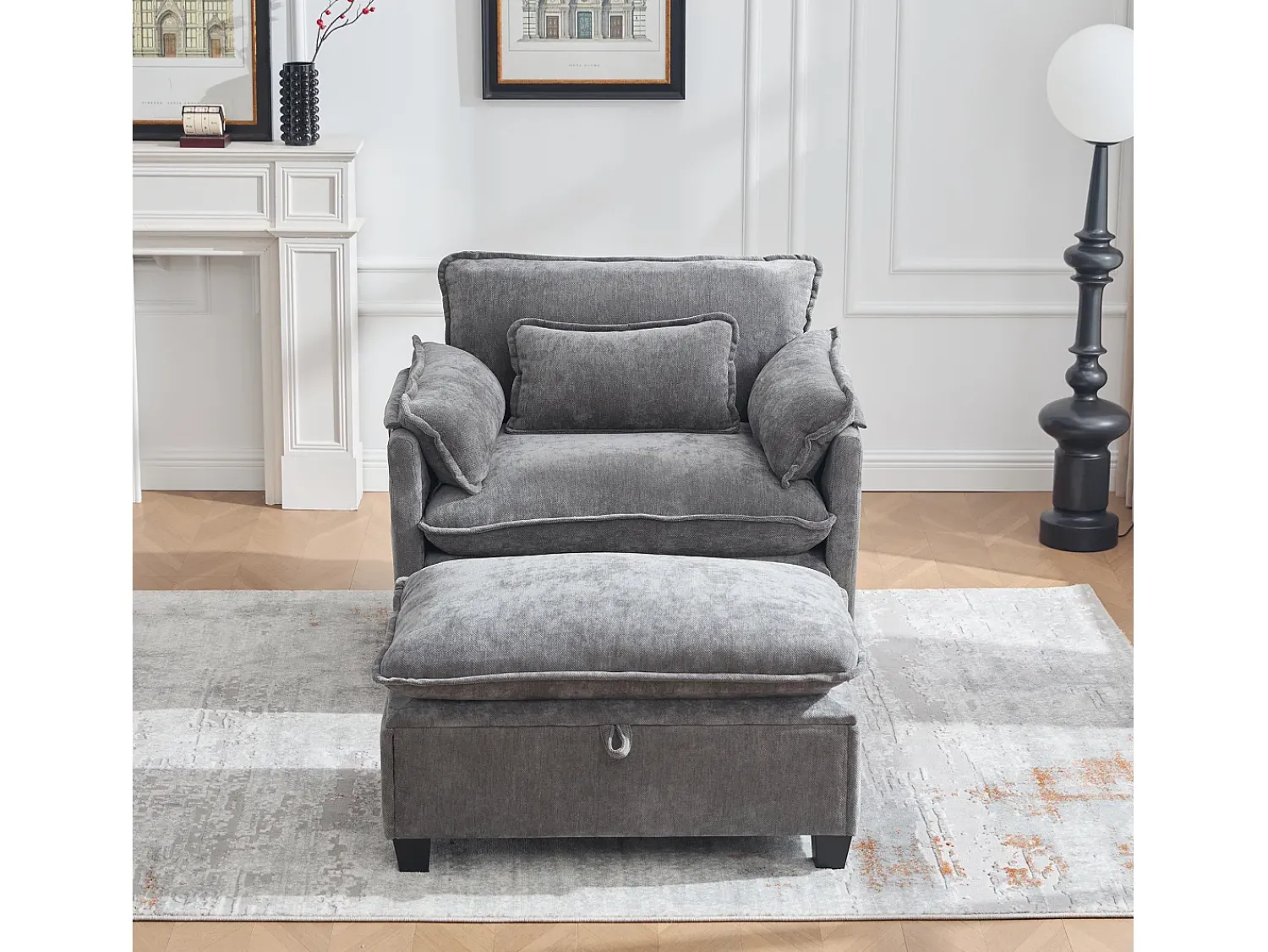 Poltrona*Hauss Spole Poltrona com apoio para os pés e almofada com espaço de arrumação - Tecido chenille - Cinza Cinzento