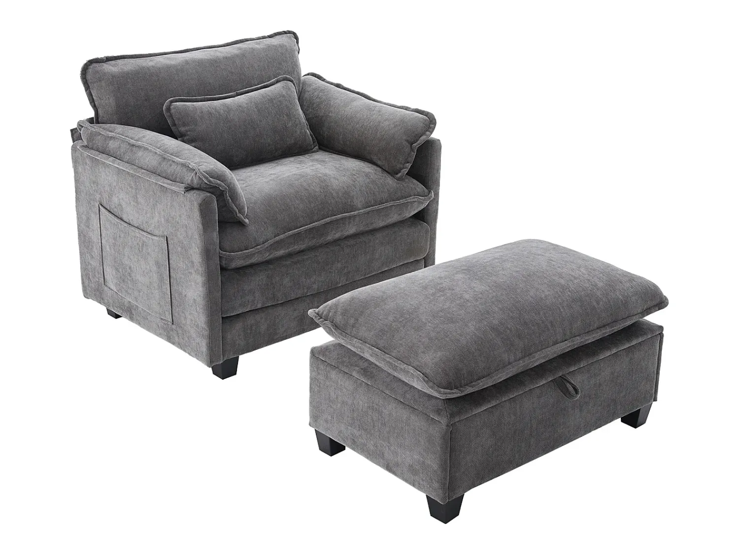Poltrona*Hauss Spole Poltrona com apoio para os pés e almofada com espaço de arrumação - Tecido chenille - Cinza Cinzento