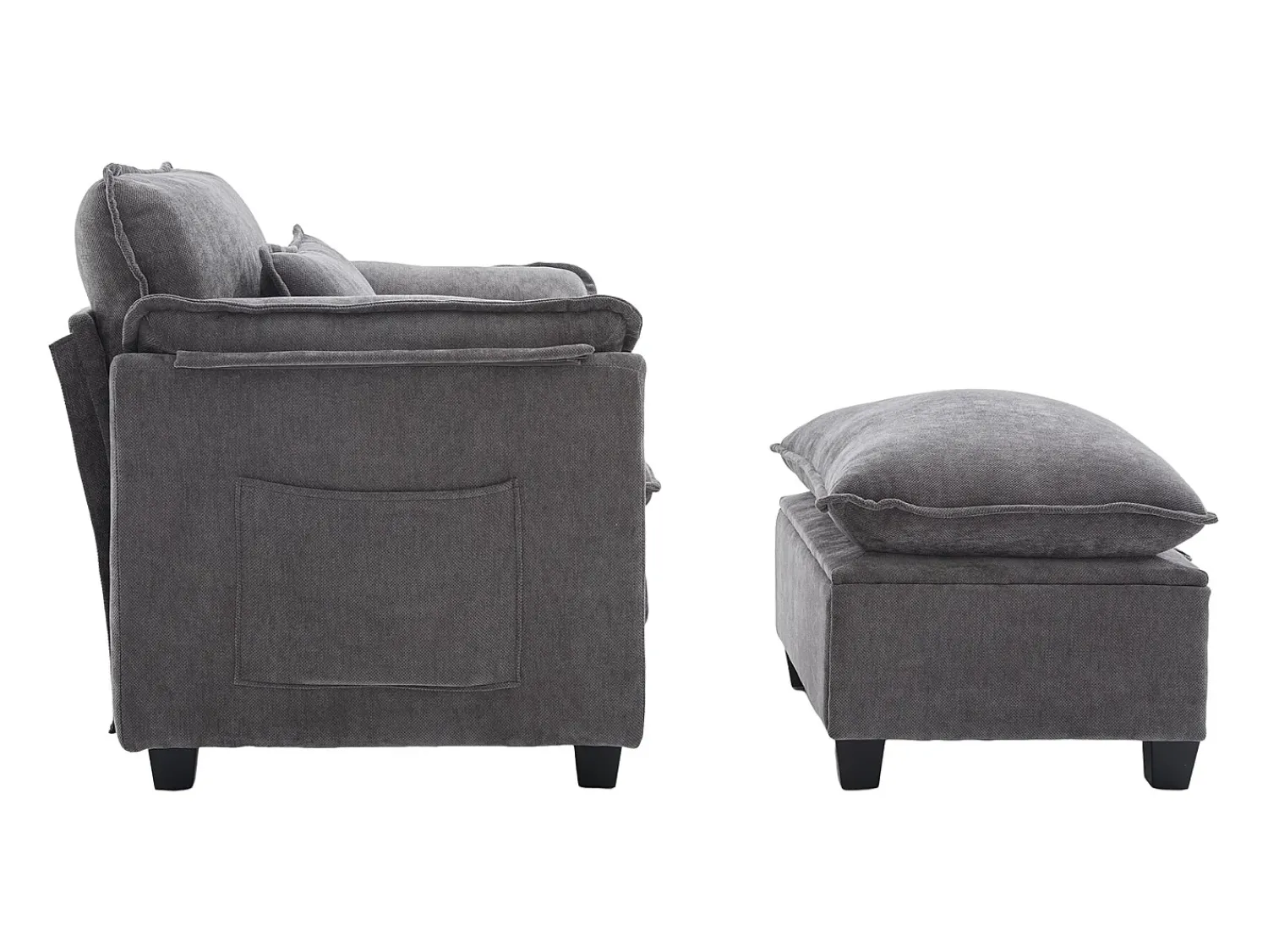 Poltrona*Hauss Spole Poltrona com apoio para os pés e almofada com espaço de arrumação - Tecido chenille - Cinza Cinzento