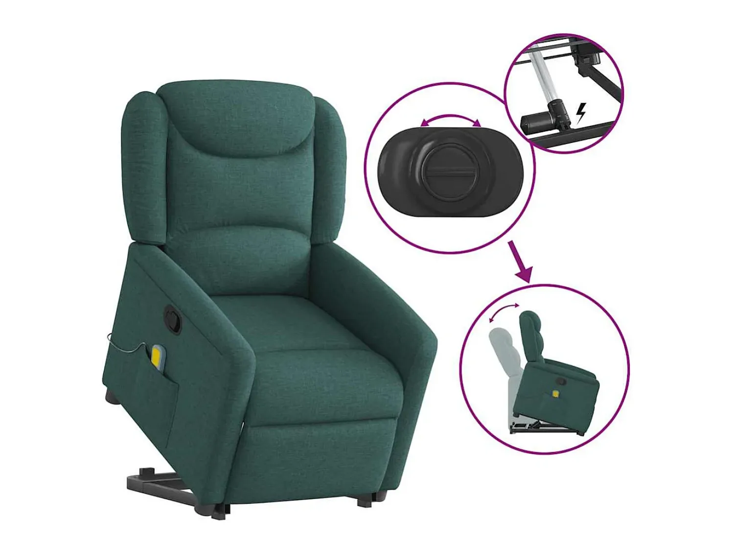 Poltrona Confortável | Poltrona reclinável elevatória de massagens tecido verde-escuro SHL133961^ Poltrona