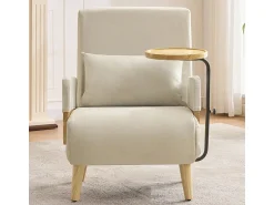 Hot DripeX Poltrona conversível em linho , com bandeja de madeira e almofada, encosto ajustável, superfície de dormir 180x62 cm Bege
