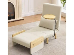 Hot DripeX Poltrona conversível em linho , com bandeja de madeira e almofada, encosto ajustável, superfície de dormir 180x62 cm Bege