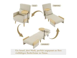 Hot DripeX Poltrona conversível em linho , com bandeja de madeira e almofada, encosto ajustável, superfície de dormir 180x62 cm Bege