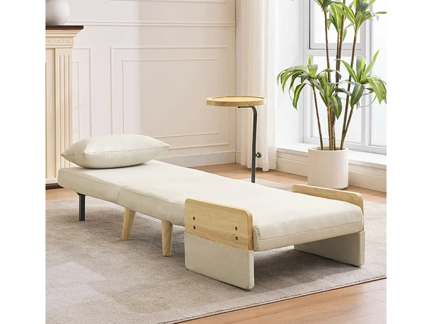 Hot DripeX Poltrona conversível em linho , com bandeja de madeira e almofada, encosto ajustável, superfície de dormir 180x62 cm Bege