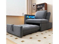 Poltrona|Hauss Spole Poltrona convertível com LED, USB, entrada Type-C e apoio lombar - Sofá-cama multifunções - Tecido de linho cinzento Cinzento claro