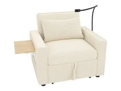 Poltrona*Hauss Spole Poltrona convertível em bombazine - Sofá individual com mesa de apoio e portas USB/Tipo-C Bege