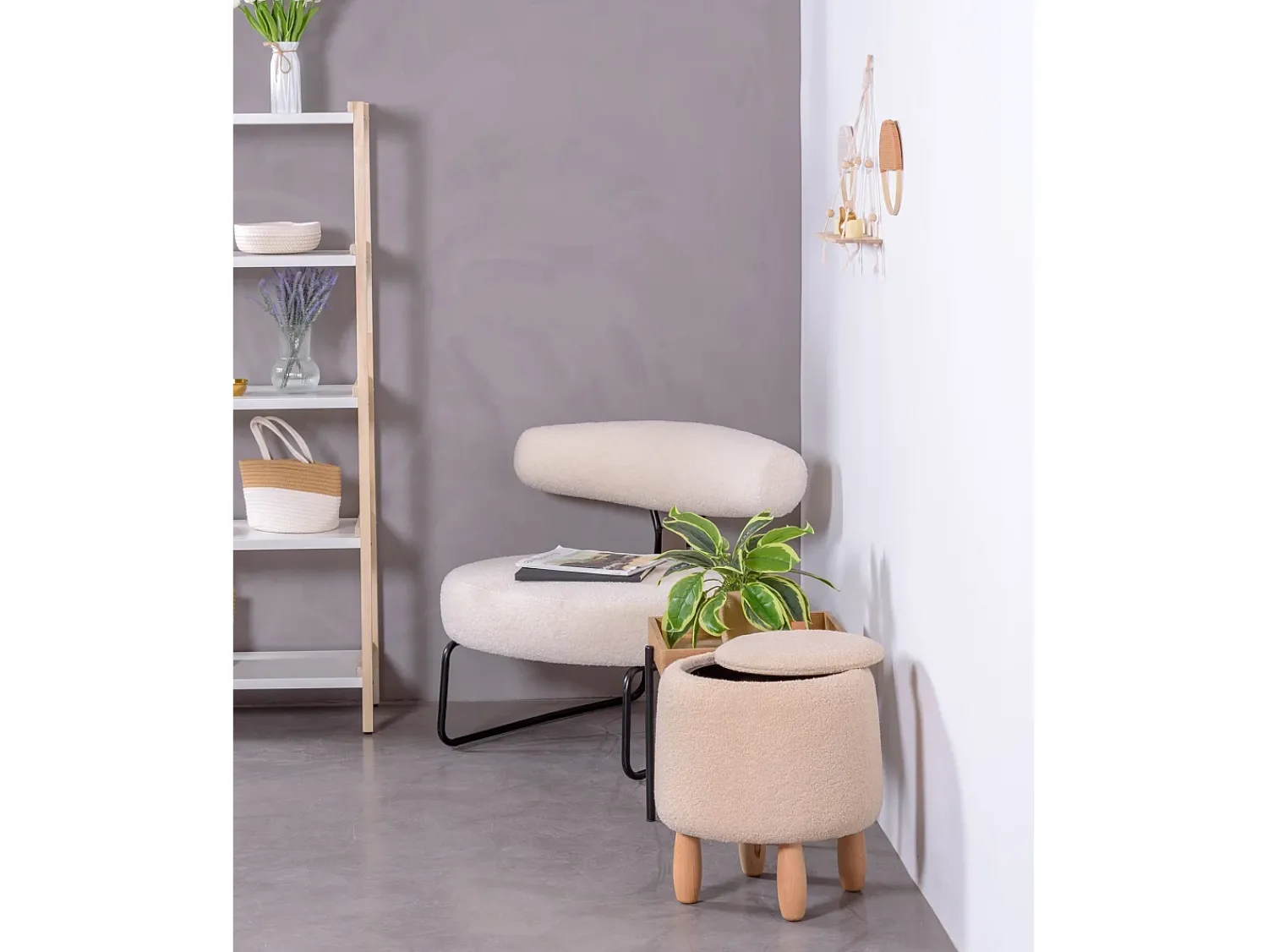 Online Nest Dream Poltrona de design estofada em bouclé e base em aço - Oxford - Branco