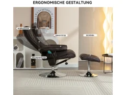 Poltrona de massagem com estofamento em PU, pufe e apoio para os pés com massageador de 5 pontos para uso doméstico.^ Poltrona