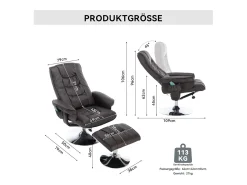 Poltrona de massagem com estofamento em PU, pufe e apoio para os pés com massageador de 5 pontos para uso doméstico.^ Poltrona