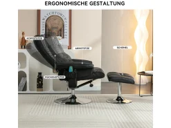 Poltrona* Poltrona de massagem com estofamento em PU, pufe e apoio para os pés com massageador de 5 pontos para uso doméstico. Preto